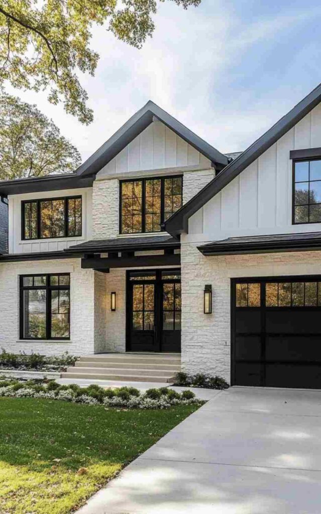 White house with black windows and black trim