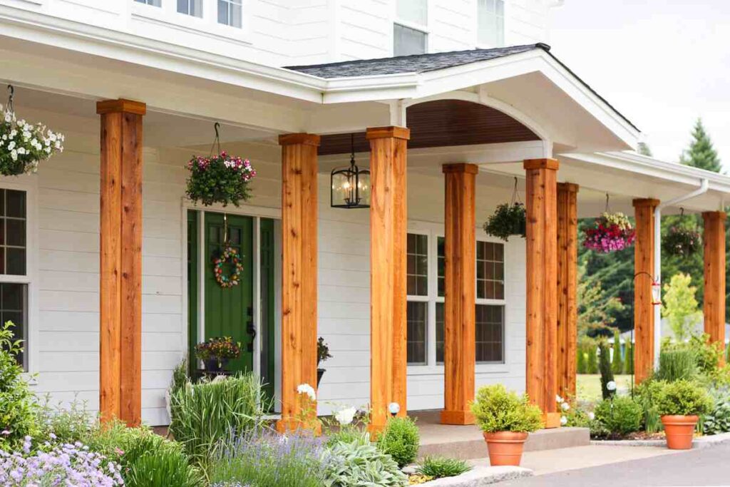 A white house with wooden beams and light above the wall