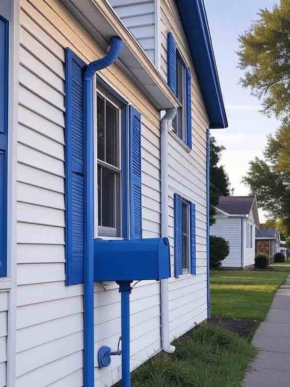 A white house with blue mailbox and white trim windows