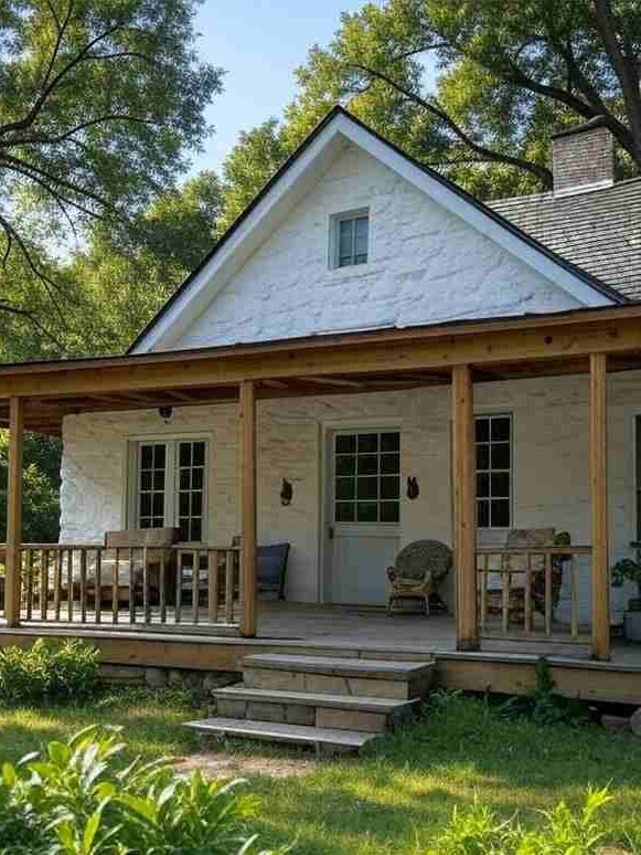 White stone house with wooden pillars and chair outside of the house and white framed windows