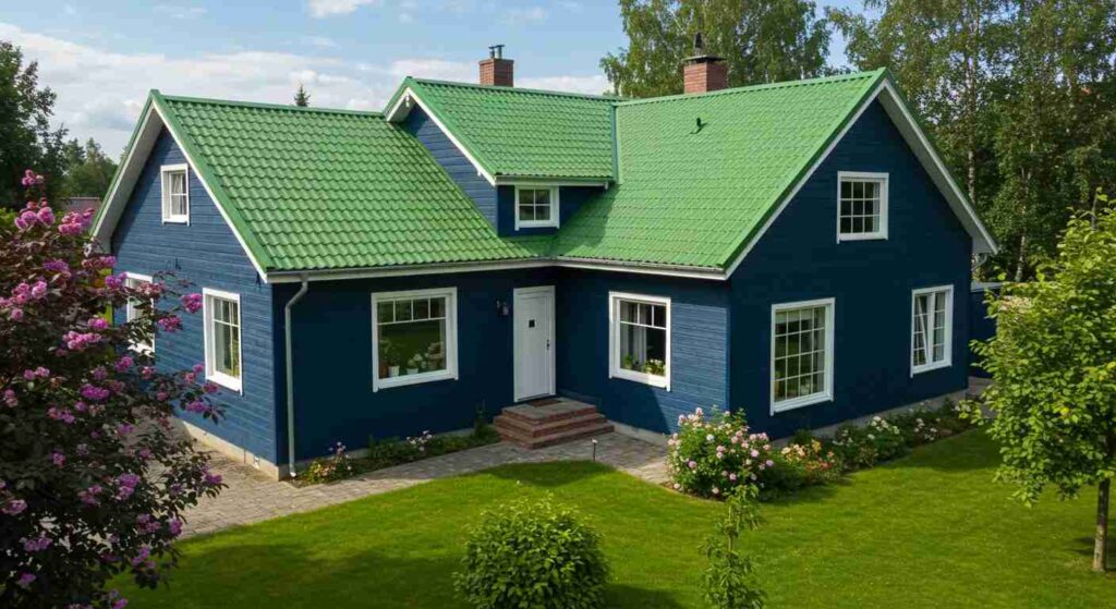 Green roof on blue house and white windows and white front door and garden outside of the house