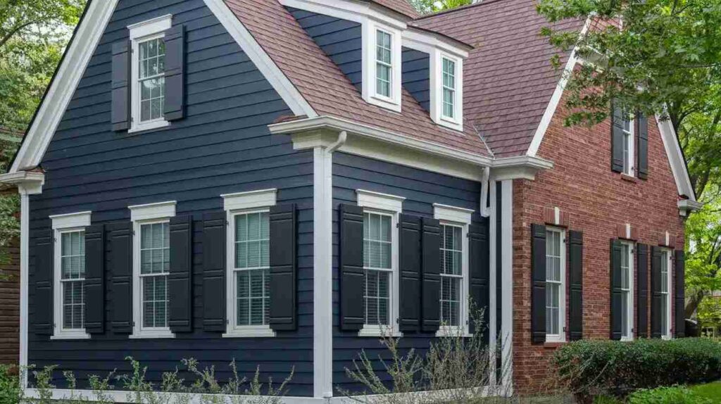Blue house with brick base and black shutter and white trim and white windows