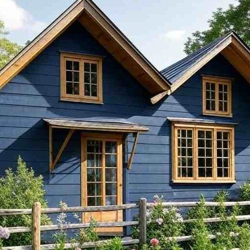 Dark blue house with wooden framed windows