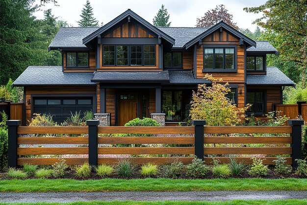 Wooden fencing around on grey house with black framed windows