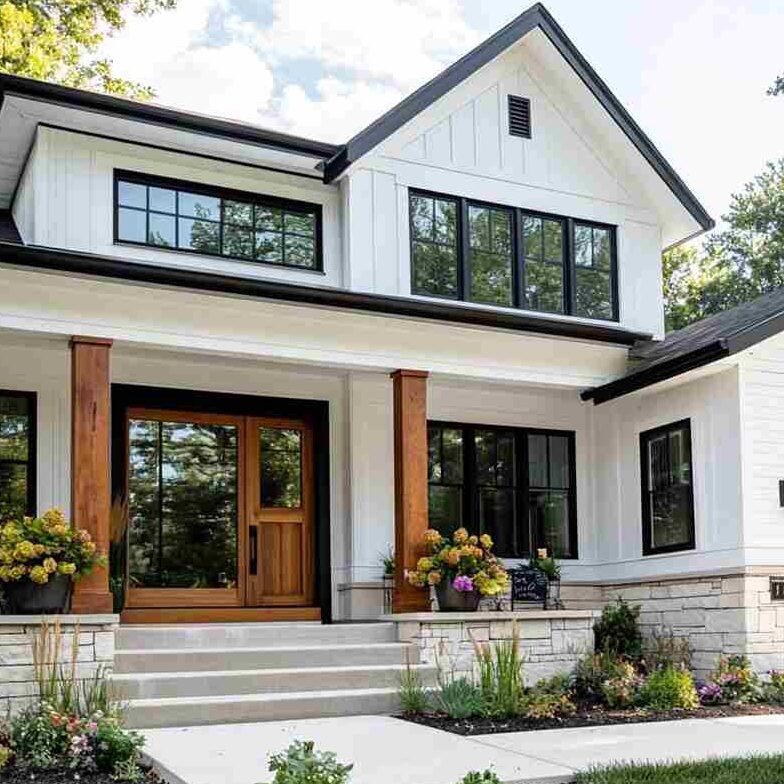 A white house with black windows and wooden pillars