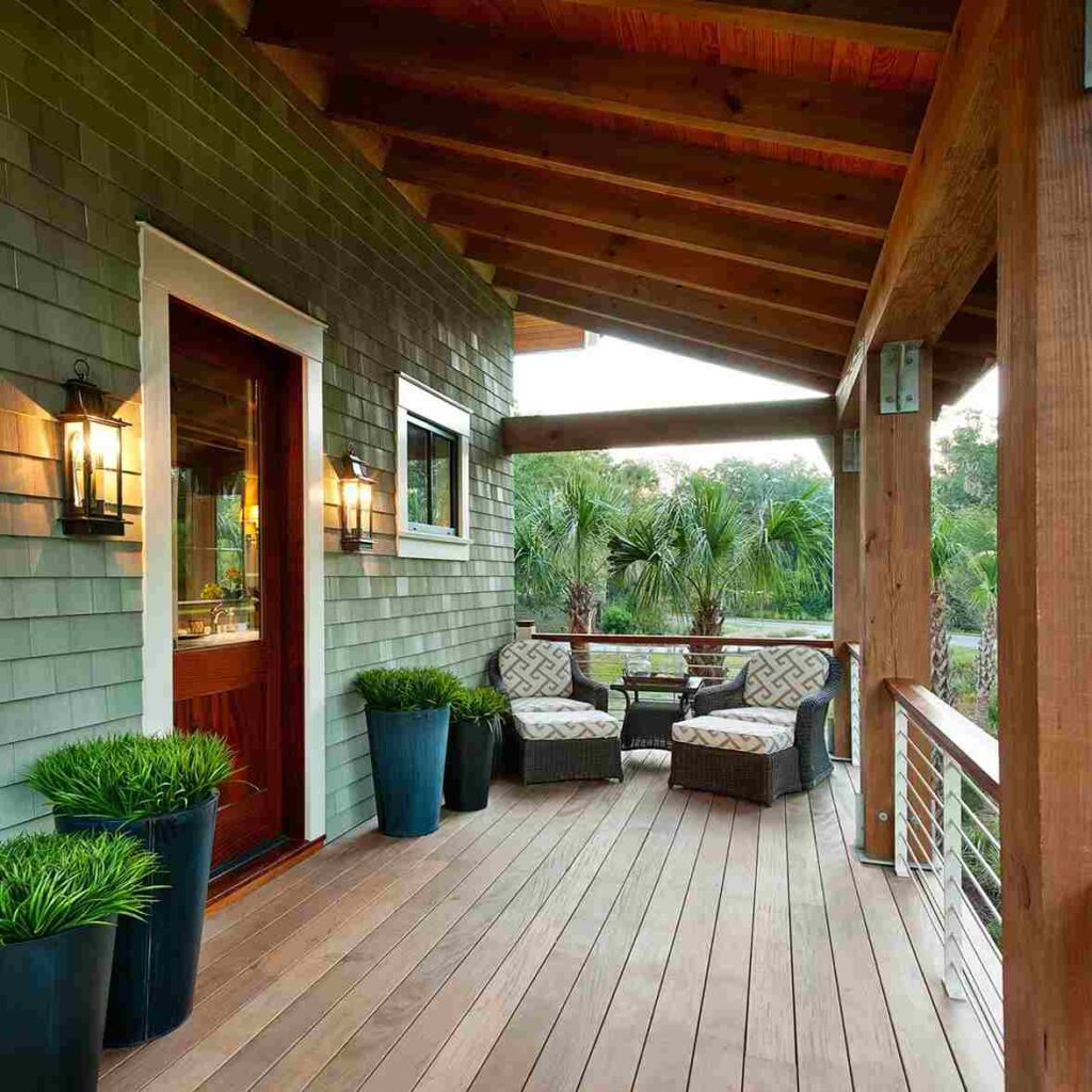 Green house with wooden porch and sofa ad plants outside of the door and lights on the wall