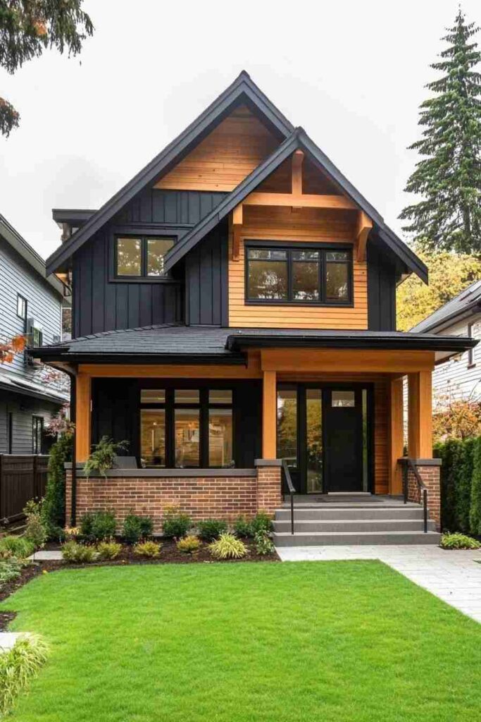 Wooden roof on grey house and garden outside of the house