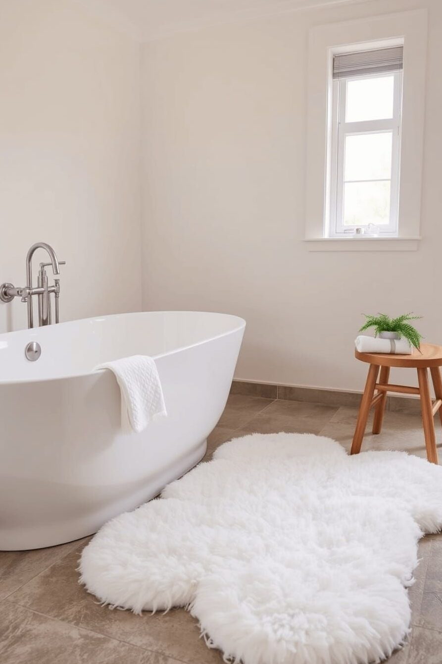 A white bathroom with white fluffy bath rug 