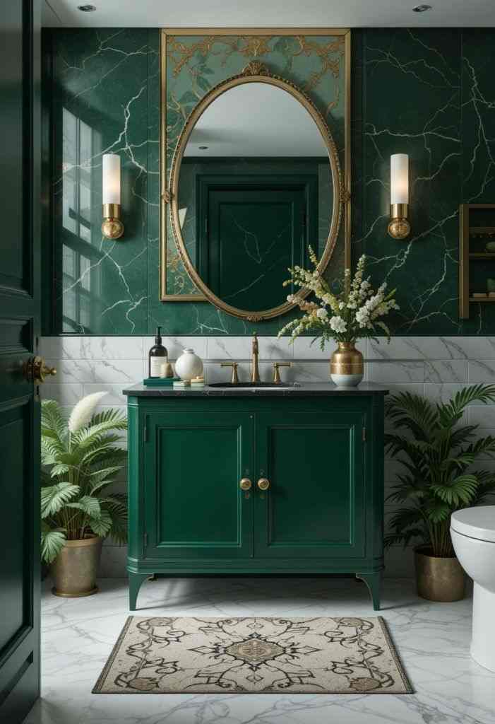 A green bathroom with green vanity and gold vase on the vanity 