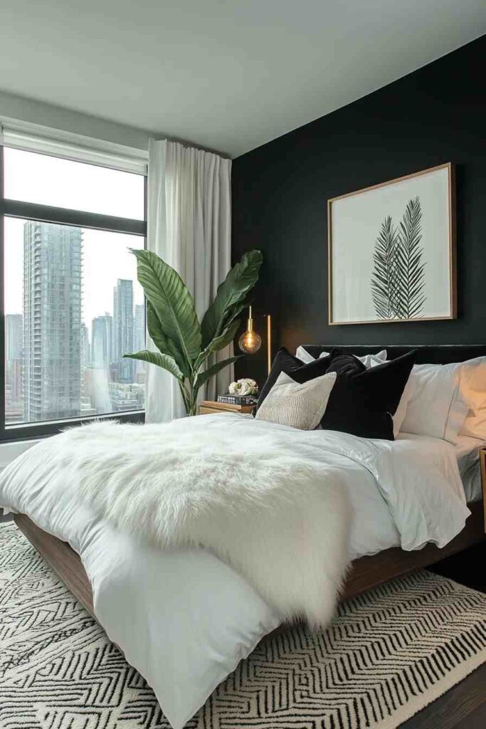 A bedroom and black bed with white blanket with pillows and plants 