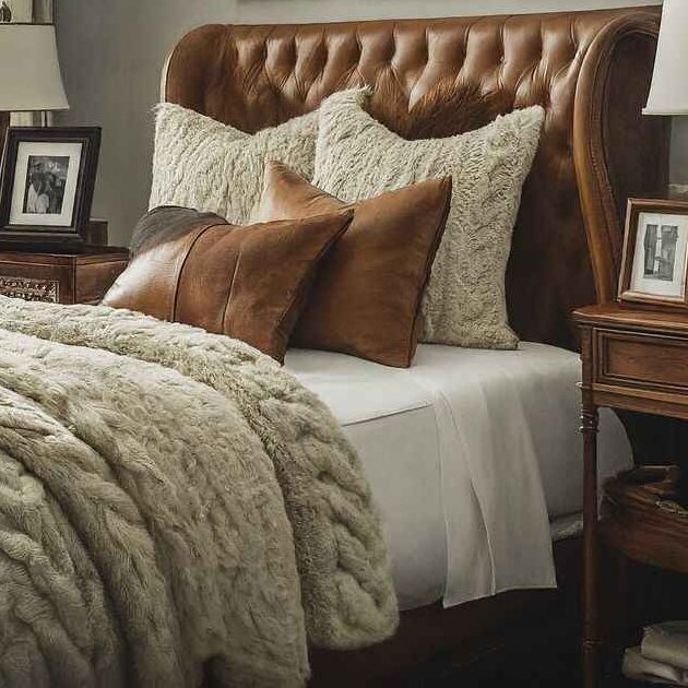 A bed room with bed and leather pillow on it 