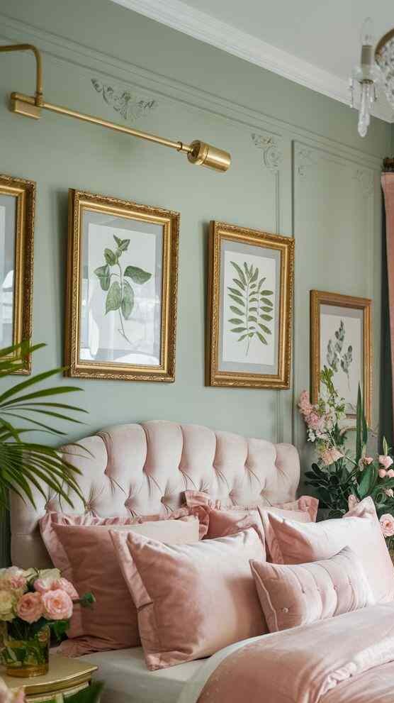 A pink and green bedroom with gold frames 