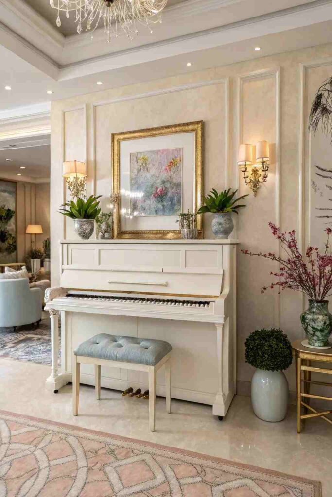 A white piano on white living rom and vase on the side of table