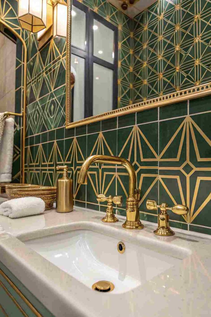 A green and gold art wallpaper with with sink and gold fixtures 