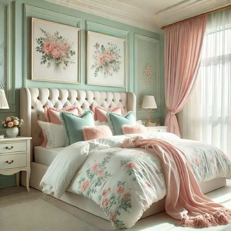 A green and pink bedroom with beige headboard and gold frames painting on the wall
