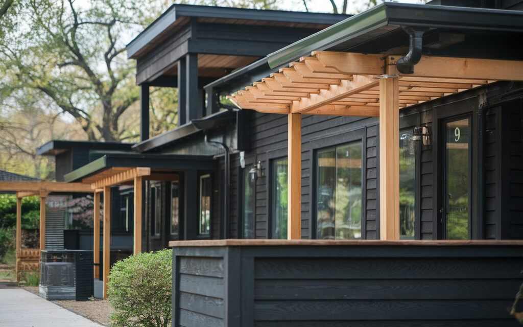 A black house with cedar soffits and glass windows