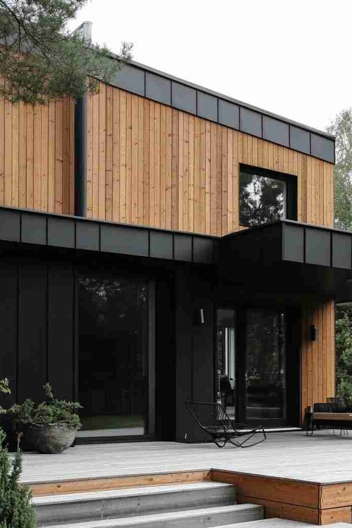 Black ship lap and cedar and black door and glass windows