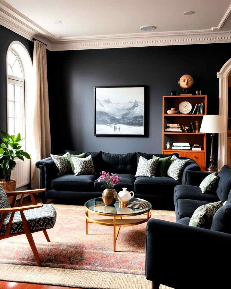 A black living room with glass table on the mid and wooden book shelves 