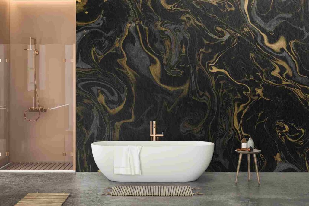 A black bathroom with white bathtub