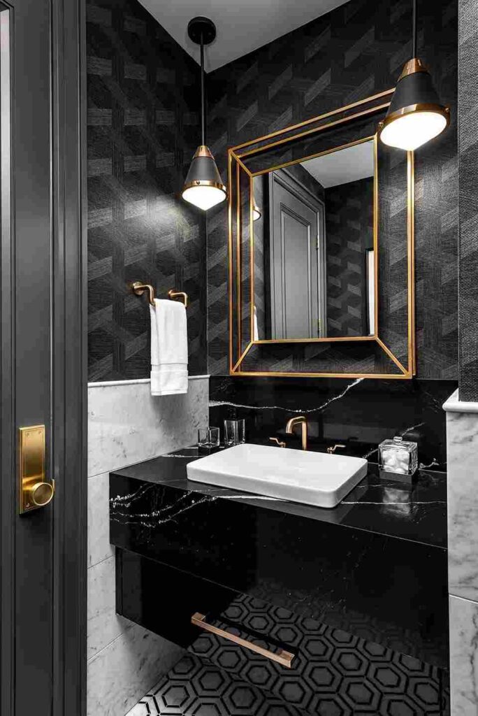 A black bathroom and mirror on the wall and white sink with golden tap