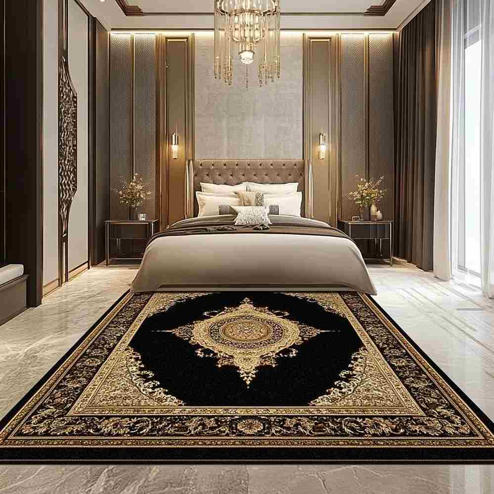 A bedroom with black and gold rug and lights on the wall