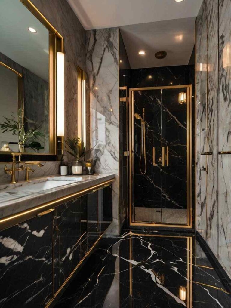 Black and white marble flooring with mirror on the wall and golden tap