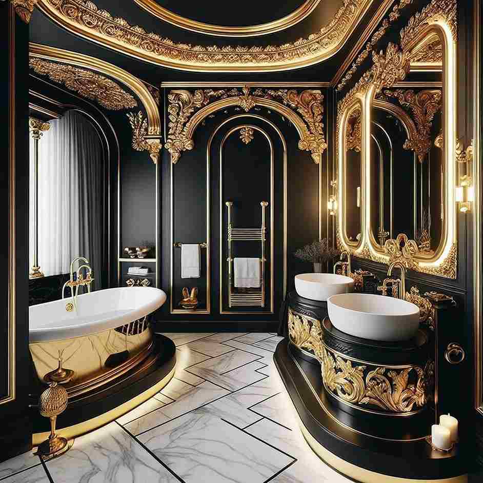 A gold and black bathroom with gold bathtub and gold accents
