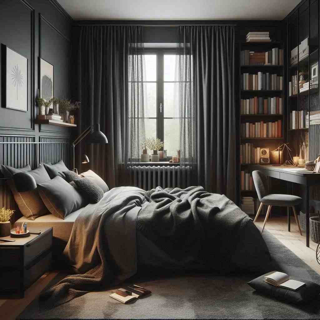 A black bedroom and grey blanket and pillow and windows in the bedroom 