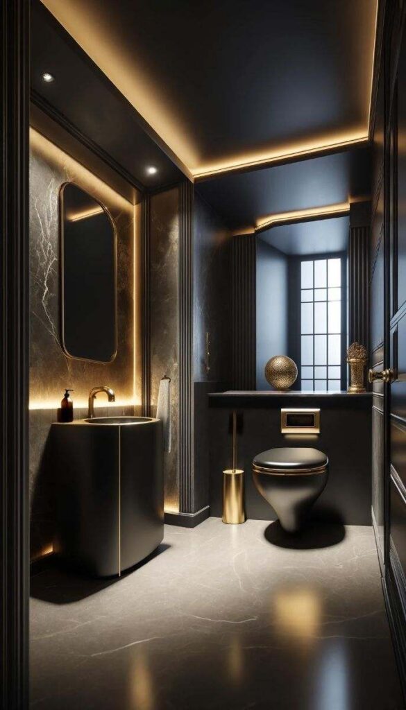A black bathroom with golden lights