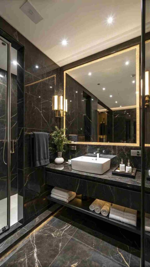 A black bathroom with mirror on the wall and white sink