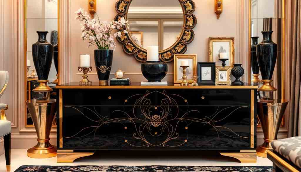 A black dressers with gold fixtures and mirror and vase
