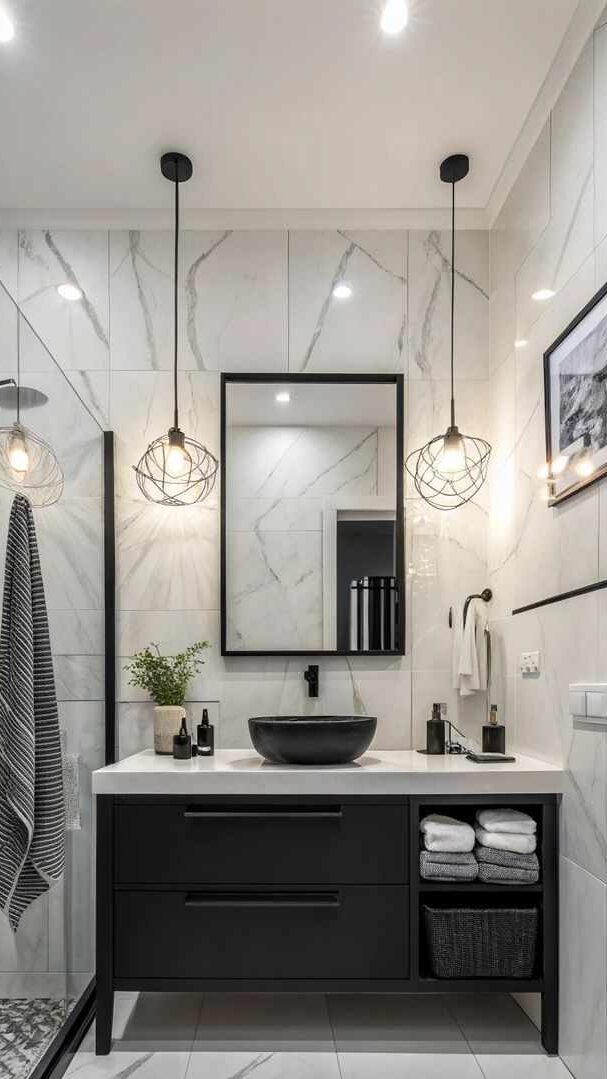 A white bathroom with black fixtures and mirror on the wall and black sink 