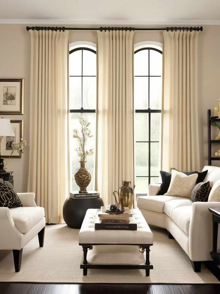 A black framed windows with rods and sofa and table