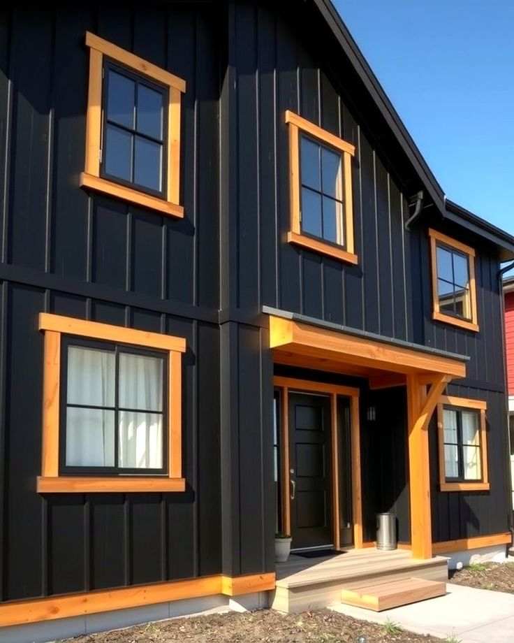 A black house with cedar windows and black door