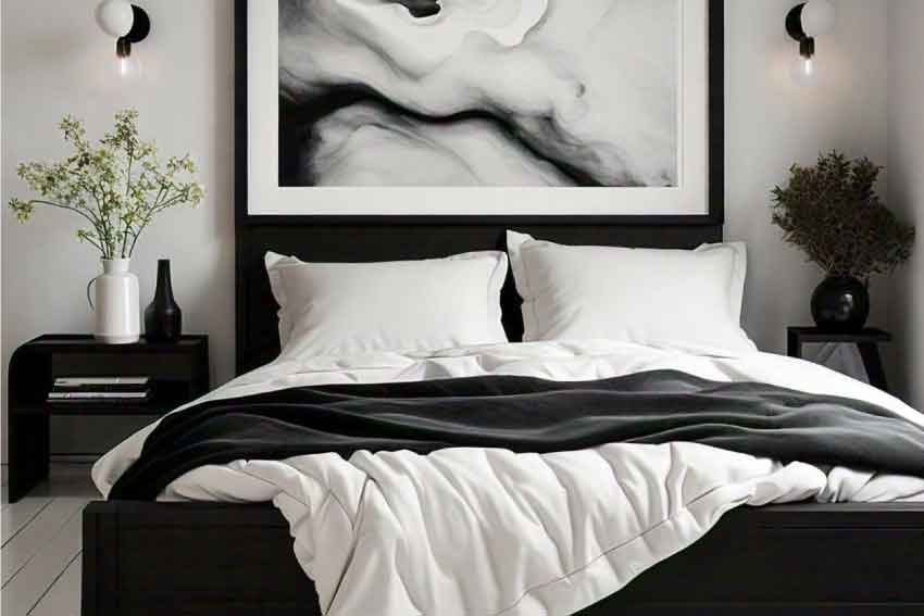 Black duvet in bedroom and white vase on black side table 