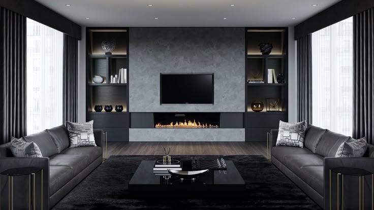 A black room and grey fire place and sofa and black table