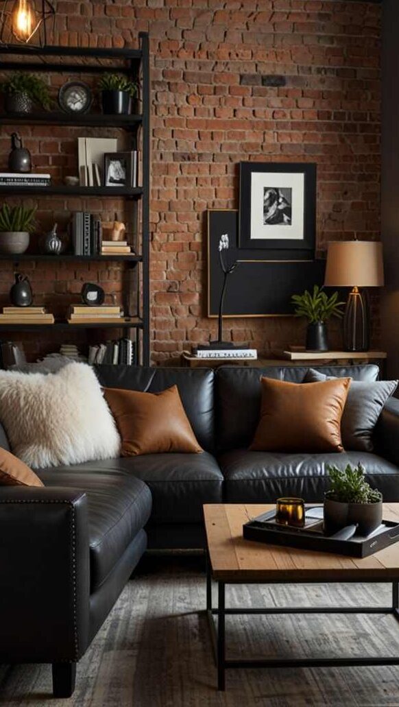 A living room with black sofa and brown and white cushion on it and lamp on the corner