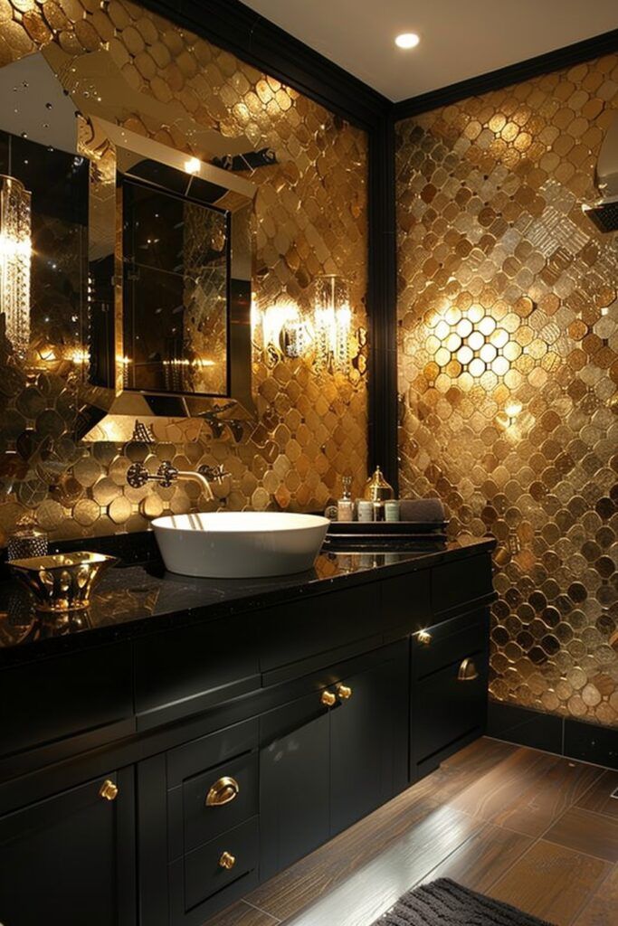 A gold bathroom with black vanity and white sink and mirror on the wall