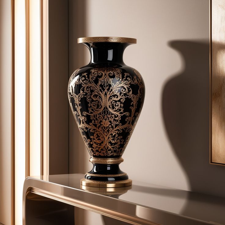 A black and gold vase on the table