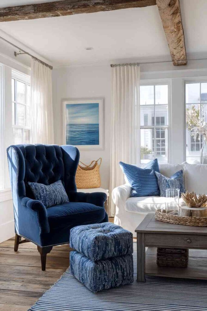 A blue ottoman and sofa and wooden floor and table