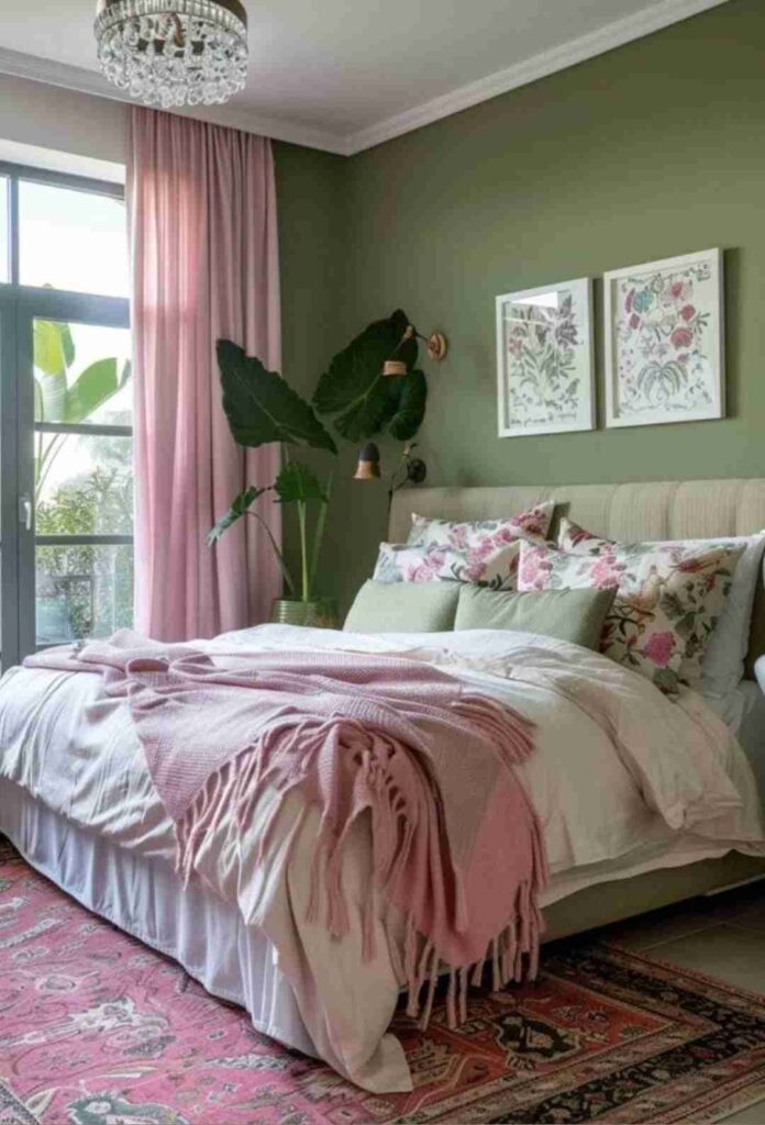 pink and green bedroom with indoor plants and pink rug and white frames on the wall 