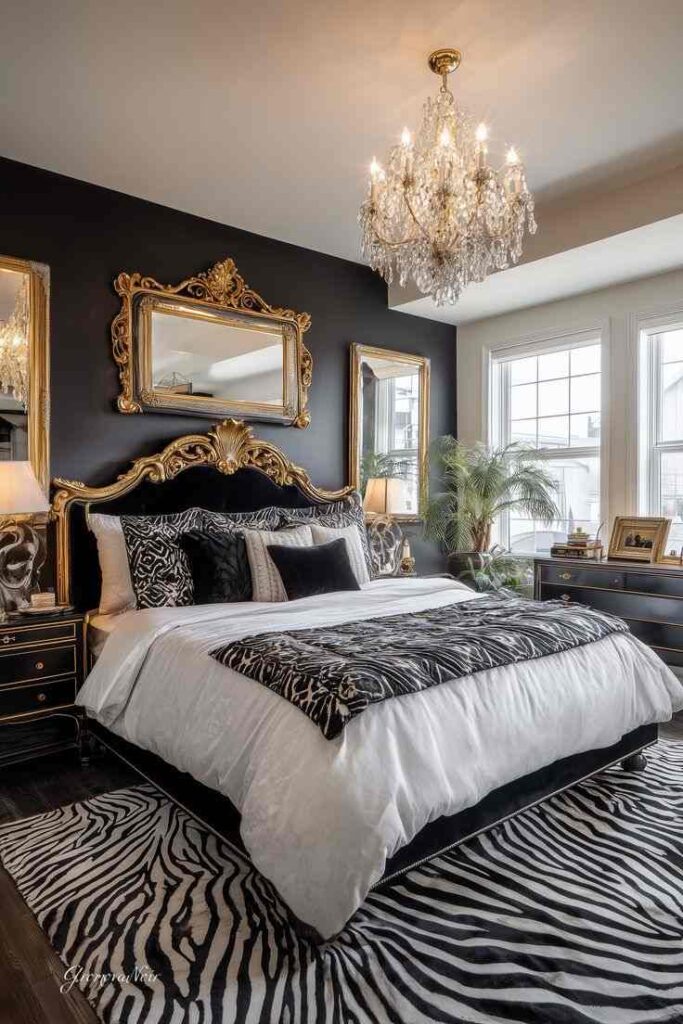 Candle Chandelier in white and black bedroom and gold framed painting 