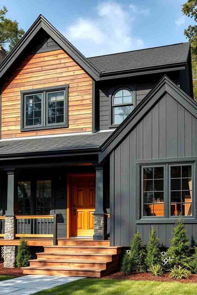 A black house with cedar staircase and wooden sidling and black windows
