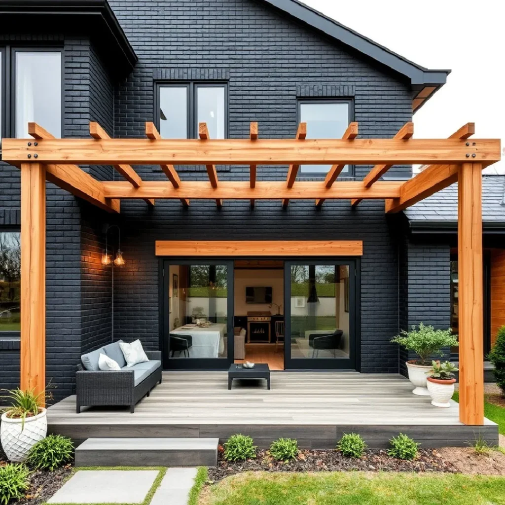 A wooden pergola on black house with windows and lights on the wall