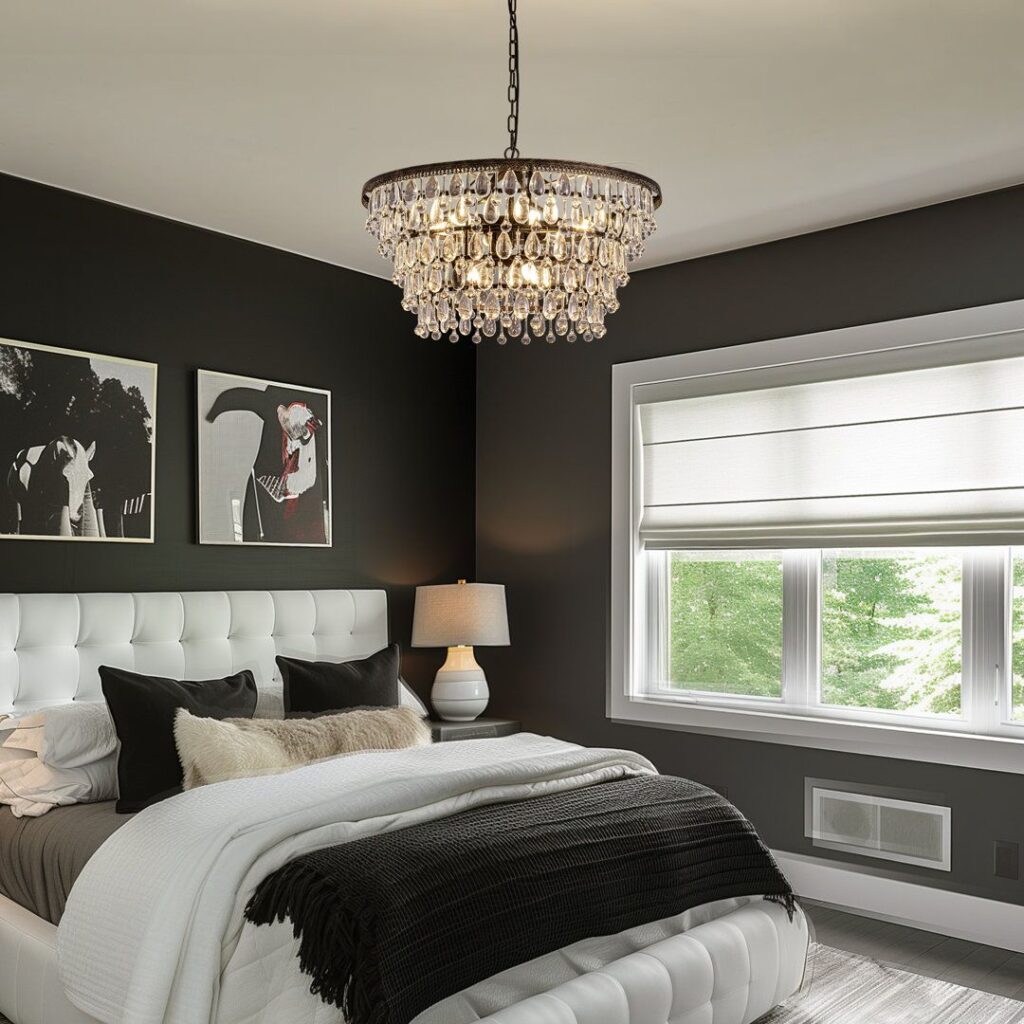 Chandelier with Gold Accents in black bedroom and bed and pillows and white windows