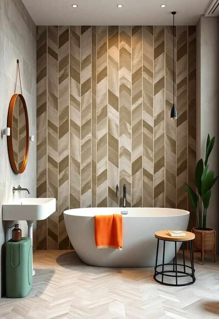 A white bathroom with copper and mosaic tiles and white tub and mirror on the wall 