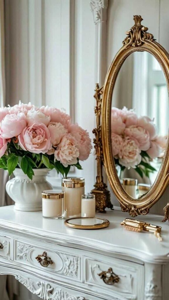 A white vase on the table with golden framed windows and candles 