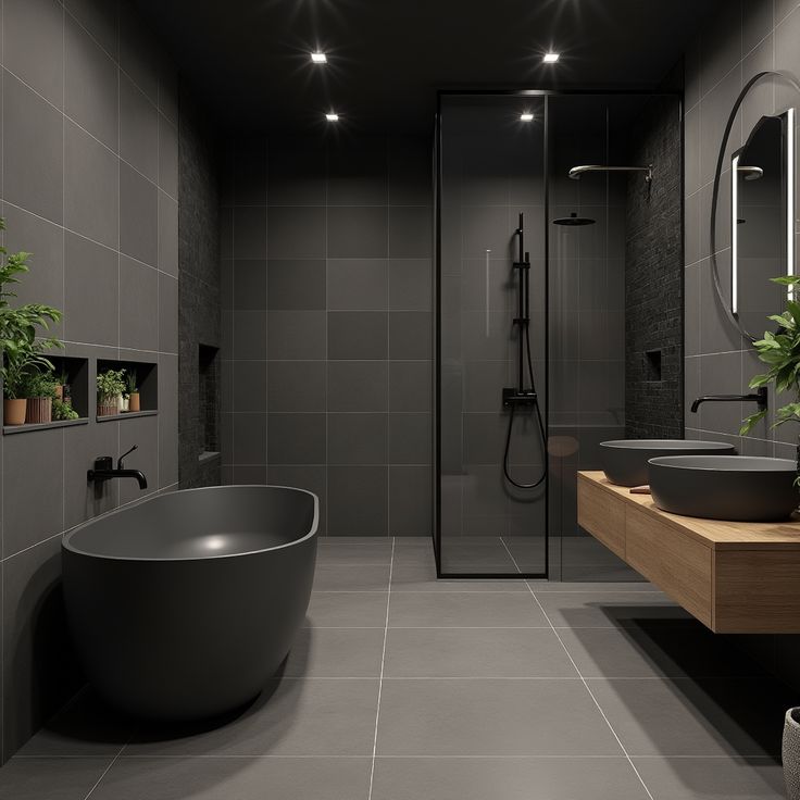 A bathroom and create Grey tiles accent wall and grey bathtub 