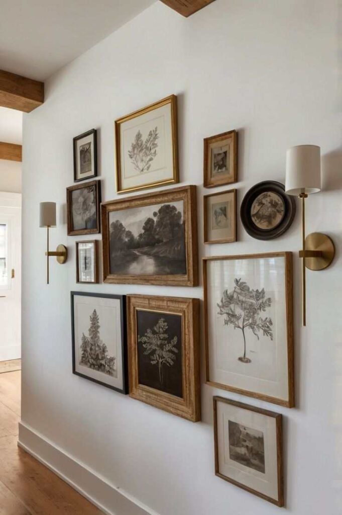 A Picture-frame gallery on white wall and wooden floor 