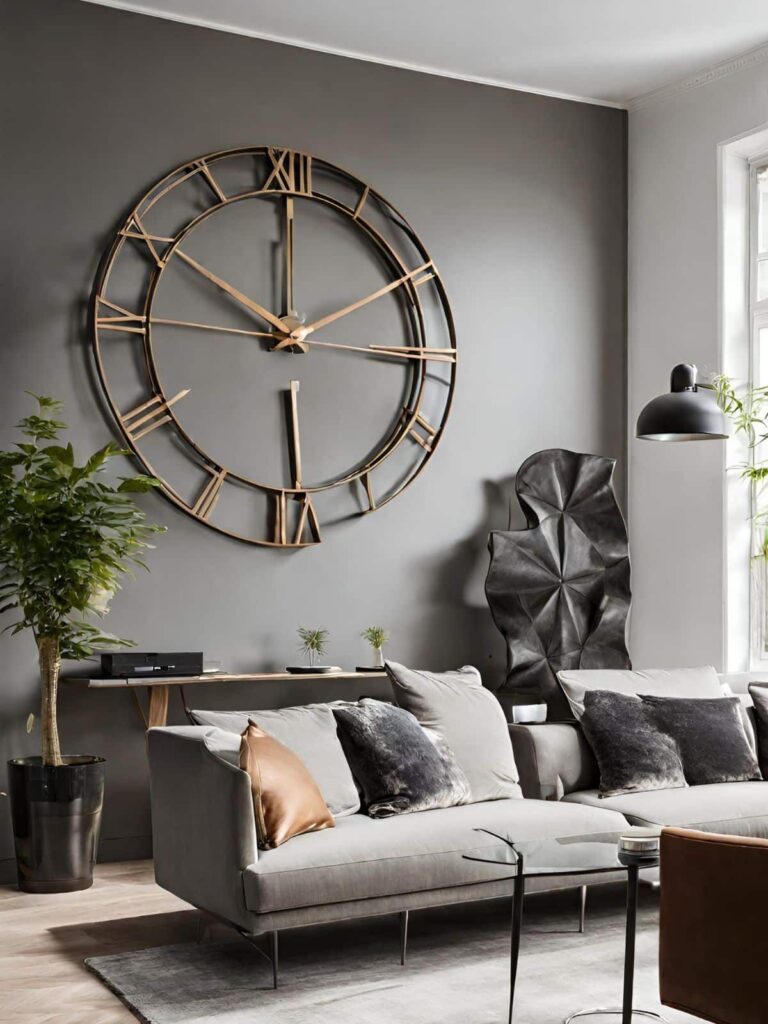 A grey living room and watch on the wall and grey sofa with cushions